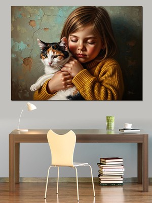 Karizma Tablo Kedisine Sarılan Küçük Kız Çocuğu Dekoratif Kanvas - Mdf Ahşap Tablo