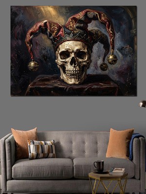 Karizma Tablo Soytarı Şapkalı Gülen Kurukafa Portresi Dekoratif Kanvas - Mdf Ahşap Tablo