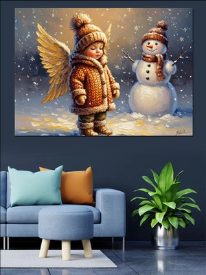 Karizma Tablo Kar Içinde Küçük Melek ve Kardanadam Dekoratif Kanvas - Mdf Ahşap Tablo