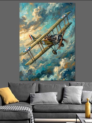 Karizma Tablo Gökyüzünde Süzülen Nostaljik Pervaneli Uçak Dekoratif Kanvas - Mdf Ahşap Tablo