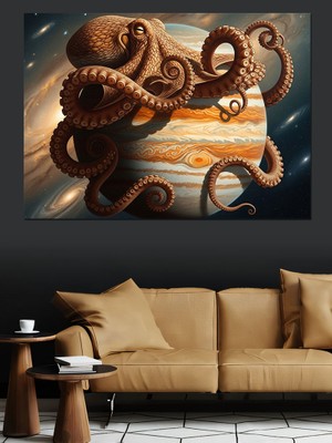 Karizma Tablo Gezegen Üzerinde Dev Ahtapot Soyut Dekoratif Kanvas - Mdf Ahşap Tablo