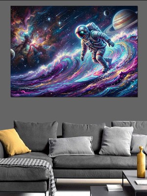 Karizma Tablo Renkli Nebula Içinde Uçan Astronot Dekoratif Kanvas - Mdf Ahşap Tablo