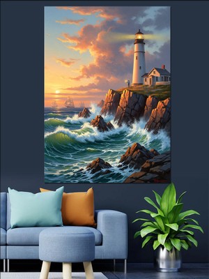 Karizma Tablo Kayalıklarda Işık Saçan Deniz Feneri Dekoratif Kanvas - Mdf Ahşap Tablo