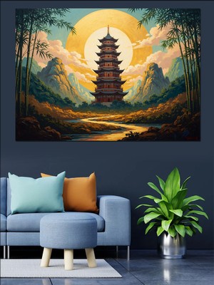 Karizma Tablo Uzak Doğu Tapınağı ve Dağ Manzarası Dekoratif Kanvas - Mdf Ahşap Tablo