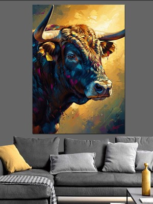 Karizma Tablo Renkli Boynuzlu Güçlü Boğa Portresi Dekoratif Kanvas - Mdf Ahşap Tablo
