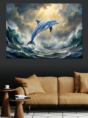 Karizma Tablo Dalgaların Arasından Atlayan Yunus Balığı Dekoratif Kanvas - Mdf Ahşap Tablo