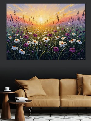Karizma Tablo Gün Batımında Kır Çiçekleri Tarlası Dekoratif Kanvas - Mdf Ahşap Tablo