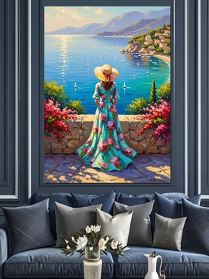 Karizma Tablo Deniz Manzaralı Balkonda Şık Kadın Dekoratif Kanvas - Mdf Ahşap Tablo
