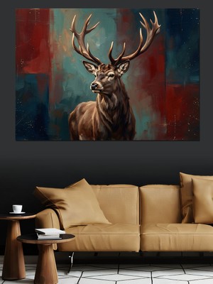 Karizma Tablo Görkemli Boynuzlu Geyik Orman Portresi Dekoratif Kanvas - Mdf Ahşap Tablo