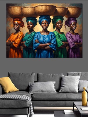 Karizma Tablo Geleneksel Kıyafetli Üç Afrikalı Kadın Dekoratif Kanvas - Mdf Ahşap Tablo