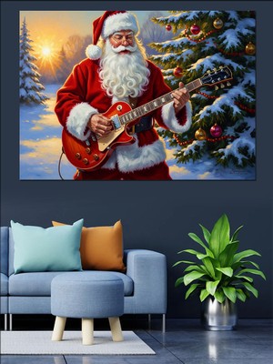 Karizma Tablo Gitar Çalan Modern Noel Baba Dekoratif Kanvas - Mdf Ahşap Tablo