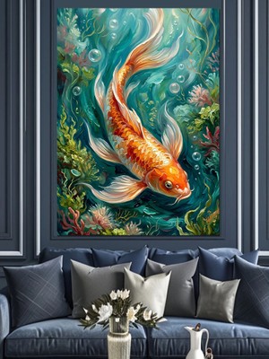 Karizma Tablo Su Altında Süzülen Koi Balığı Dekoratif Kanvas - Mdf Ahşap Tablo