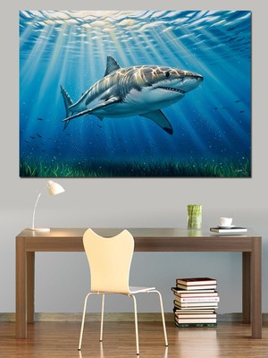 Karizma Tablo Sualtında Yüzen Büyük Beyaz Köpekbalığı Dekoratif Kanvas - Mdf Ahşap Tablo