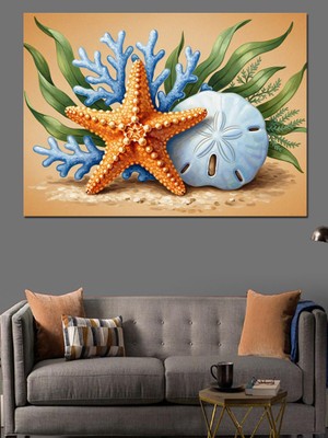Karizma Tablo Deniz Yıldızı ve Sahil Objeleri Dekoratif Kanvas - Mdf Ahşap Tablo