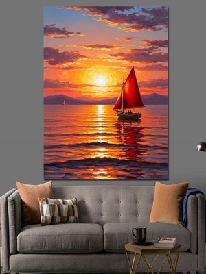 Karizma Tablo Gün Batımında Yelkenli Tekne Manzarası Dekoratif Kanvas - Mdf Ahşap Tablo