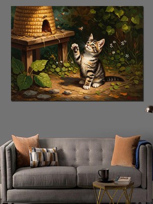 Karizma Tablo Arı Kovanı ve Meraklı Kedi Dekoratif Kanvas - Mdf Ahşap Tablo