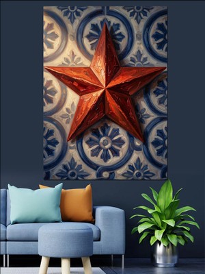 Karizma Tablo Desenli Duvar Önünde Kırmızı Yıldız Dekoratif Kanvas - Mdf Ahşap Tablo