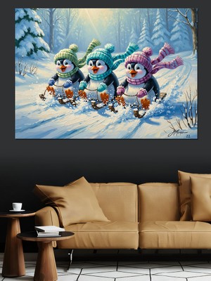 Karizma Tablo Karda Kızak Yapan Üç Sevimli Penguen Dekoratif Kanvas - Mdf Ahşap Tablo