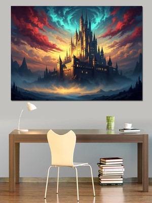 Karizma Tablo Bulutlar Üzerinde Yükselen Masalsı Şato Dekoratif Kanvas - Mdf Ahşap Tablo