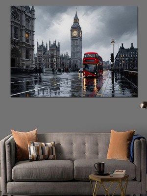 Karizma Tablo Yağmurlu Londra Sokağı ve Otobüs Dekoratif Kanvas - Mdf Ahşap Tablo