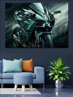 Karizma Tablo Fütüristik Yeşil Spor Motosiklet Tasarımı Dekoratif Kanvas - Mdf Ahşap Tablo