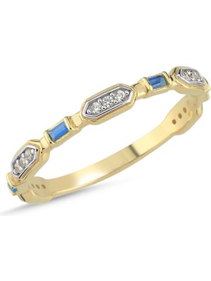 Sembol Gold 14 Ayar Altın Baget Taşlı Vintage Yüzük - Mavi Taşlı