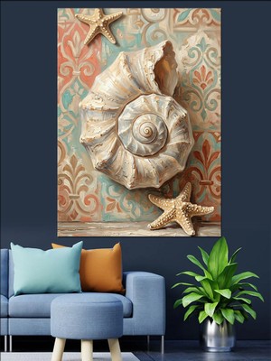 Karizma Tablo Klasik Desenli Büyük Deniz Kabuğu Dekoratif Kanvas - Mdf Ahşap Tablo