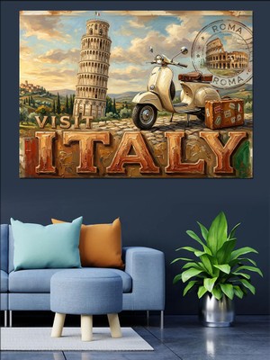Karizma Tablo Italya Ziyareti Retro Scooter Manzarası Dekoratif Kanvas - Mdf Ahşap Tablo