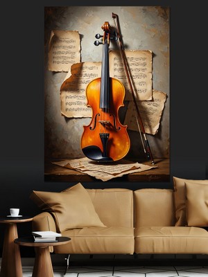 Karizma Tablo Nota Kağıtları Önünde Klasik Keman Dekoratif Kanvas - Mdf Ahşap Tablo