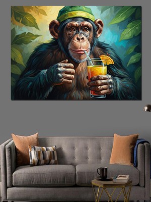 Karizma Tablo Limonata Içen Tarz Sahibi Şempanze Dekoratif Kanvas - Mdf Ahşap Tablo