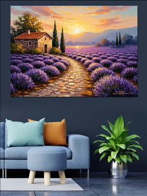 Karizma Tablo Lavanta Tarlası ve Köy Evi Dekoratif Kanvas - Mdf Ahşap Tablo