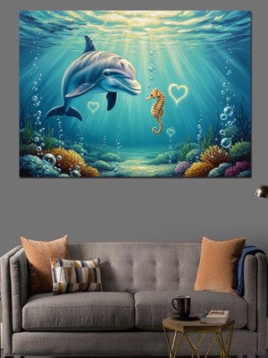 Karizma Tablo Su Altında Yüzen Yunus Balığı Dekoratif Kanvas - Mdf Ahşap Tablo