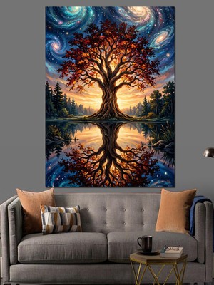 Karizma Tablo Yıldızlı Gece ve Işıklı Dilek Ağacı Dekoratif Kanvas - Mdf Ahşap Tablo