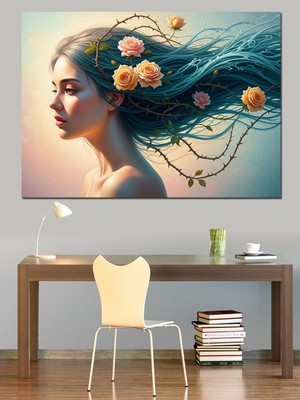 Karizma Tablo Saçları Çiçek Açan Kadın Profili Dekoratif Kanvas - Mdf Ahşap Tablo
