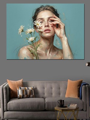 Karizma Tablo Beyaz Çiçekli ve Düşünceli Kadın Dekoratif Kanvas - Mdf Ahşap Tablo