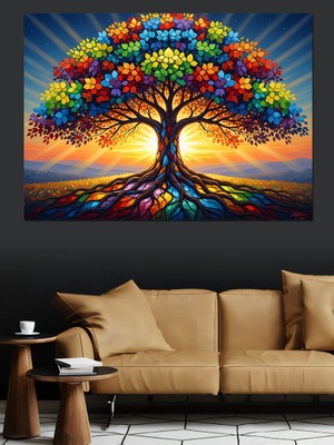 Karizma Tablo Renkli Yapraklı Büyük Hayat Ağacı Dekoratif Kanvas - Mdf Ahşap Tablo