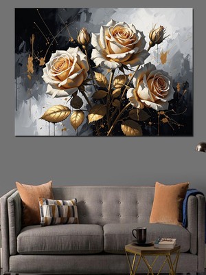Karizma Tablo Altın Zemin Üzerinde Beyaz Güller Dekoratif Kanvas - Mdf Ahşap Tablo