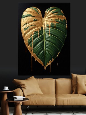 Karizma Tablo Altın Damlalı Modern Yeşil Yaprak Dekoratif Kanvas - Mdf Ahşap Tablo