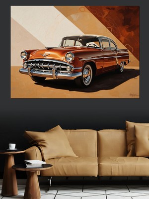 Karizma Tablo Portakal Rengi Klasik Amerikan Arabası Dekoratif Kanvas - Mdf Ahşap Tablo