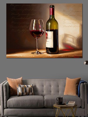 Karizma Tablo Şarap Şişesi ve Kadeh Natürmort Dekoratif Kanvas - Mdf Ahşap Tablo
