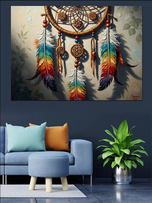 Karizma Tablo Tüylerle Süslü Bohem Düş Kapanı Dekoratif Kanvas - Mdf Ahşap Tablo
