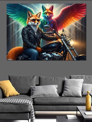 Karizma Tablo Motosiklet Sayan Tilki ve Kurt Çifti Dekoratif Kanvas - Mdf Ahşap Tablo