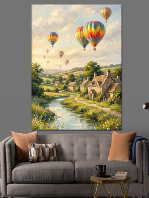 Karizma Tablo Köy Üzerinde Renkli Sıcak Balonlar Dekoratif Kanvas - Mdf Ahşap Tablo