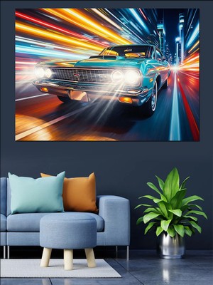 Karizma Tablo Şehir Işıkları Altında Klasik Araba Dekoratif Kanvas - Mdf Ahşap Tablo