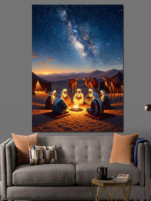 Karizma Tablo Çölde Ateş Başında Bedeviler Tablosu Dekoratif Kanvas - Mdf Ahşap Tablo