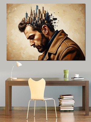 Karizma Tablo Şehir Silüetli Modern Erkek Portresi Dekoratif Kanvas - Mdf Ahşap Tablo