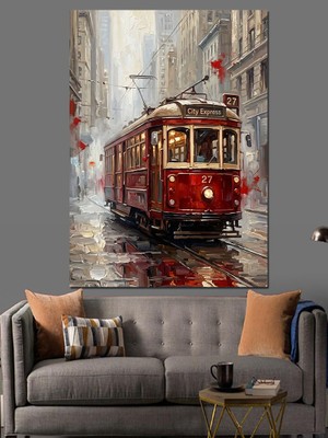 Karizma Tablo Yağmurlu Caddede Nostaljik Kırmızı Tramvay Dekoratif Kanvas - Mdf Ahşap Tablo