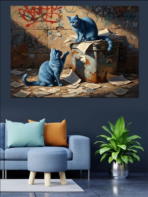 Karizma Tablo Sokaktaki Çöp Tenekesinde Iki Mavi Kedi Dekoratif Kanvas - Mdf Ahşap Tablo