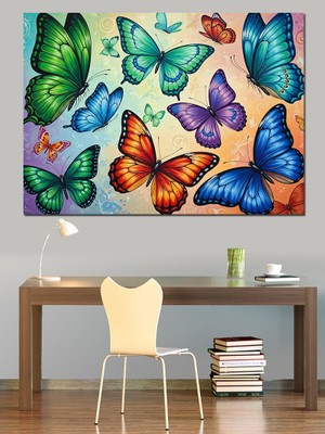 Karizma Tablo Gökkuşağı Renkli Uçan Modern Kelebekler Dekoratif Kanvas - Mdf Ahşap Tablo
