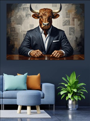 Karizma Tablo Takım Elbiseli Karizmatik Boğa Portresi Dekoratif Kanvas - Mdf Ahşap Tablo